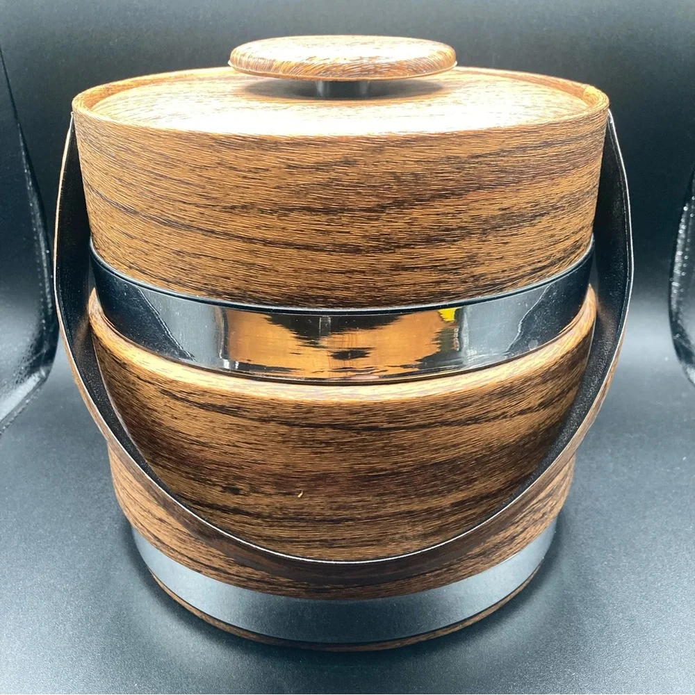 Vintage Mid Century MCM Faux Wood Brown Vinyl Ice Bucket Barware Party